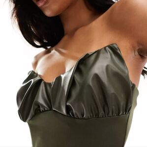 ASOS DESIGN bandeau midi dress with faux leather structured neckline in khaki